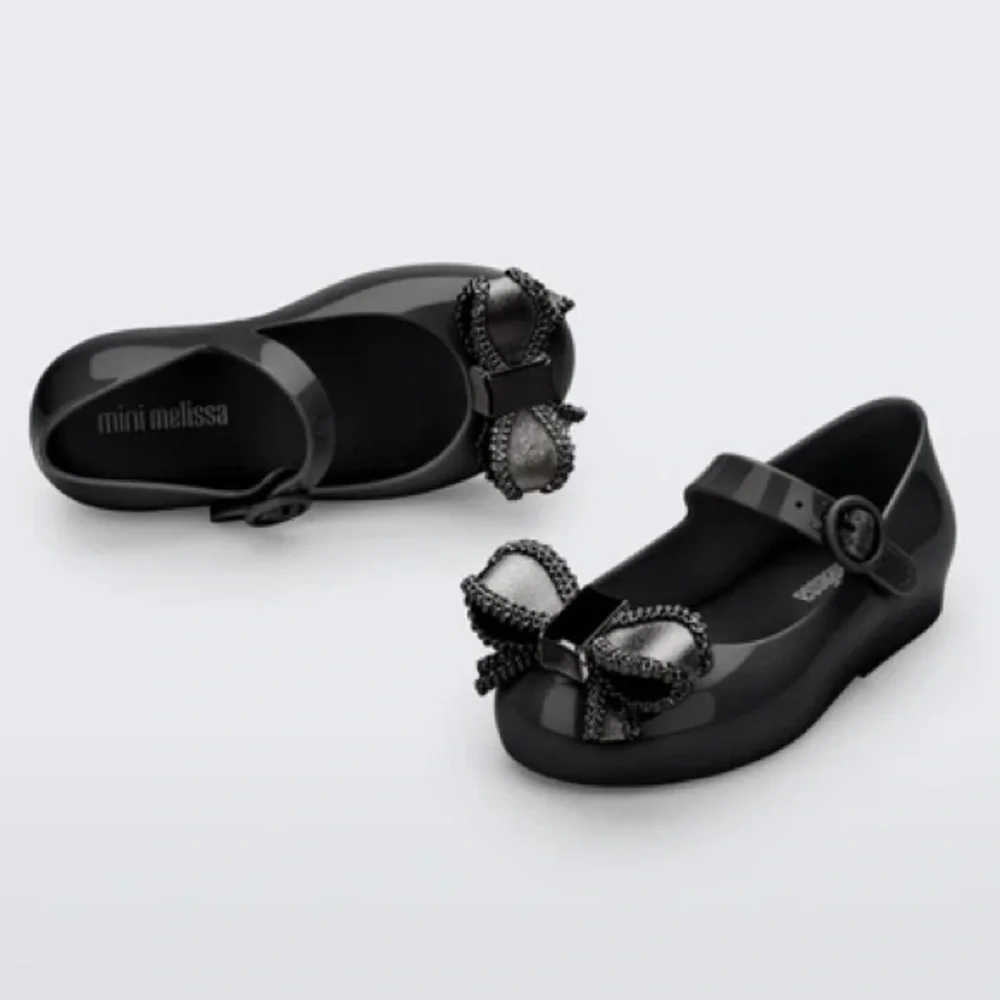 MINI MELISSA BLACK GRAY SILVER BOW SWEET LOVE IV MARY JANE SHOES - Picture 3 of 7